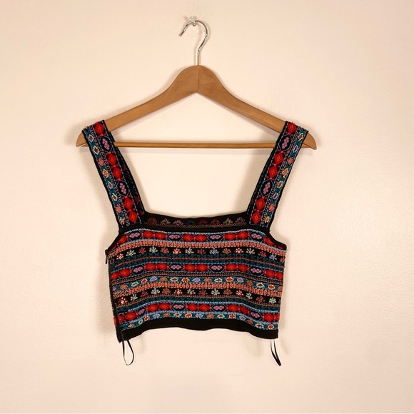 Zara Knit Beaded Embroidered Crop Boho Tank Top Zip Black Small Boho Festival - Picture 3 of 9